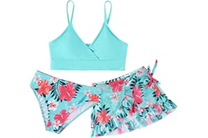 Savlot Girls Swimsuit 3 Piece Bathing Suits Floral Printed Bikini Set with Skirts Cover Up Girls Surfing Beach Swimwear