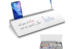 Sliandtelly Desk Whiteboard with Storage Organizer, Desktop Glass White Board with Grey Drawer for Quick Note Writing, Desk Tidy Accessories Replace Sticky-Note for Office Work from Home Supplies
