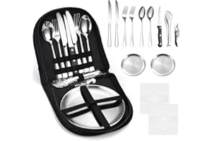ADERTOS Ensemble de Couverts de Camping 13PCS Vaisselle Portable en Acier Inoxydable Ensemble Vaisselle Pique-Nique Extérieure avec Cuillère, Fourchette, Couteau, Assiette, Décapsuleur, Serviette