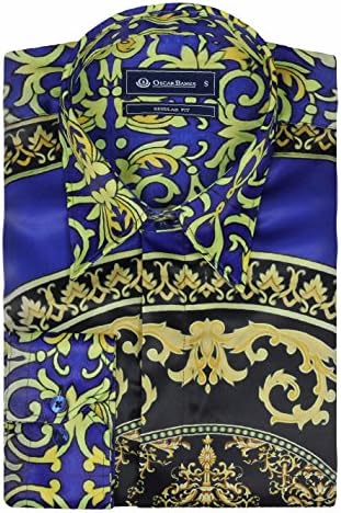Oscar Banks Mens Retro Blue Gold Black Floral Paisley Print Satin Silk Feel Dress Shirt[SL-6199-FLORA,4XL,Black Gold Blue]