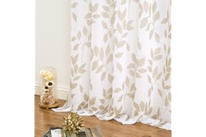 Treatmentex Cortinas Traslúsidas con Estampado de Hojas para Salón, Cortinas de Ventana Botánicas para Dormitorio con Textura de Lino Claro 2 Piezas, 136x245cm, Blanco y marrón Claro