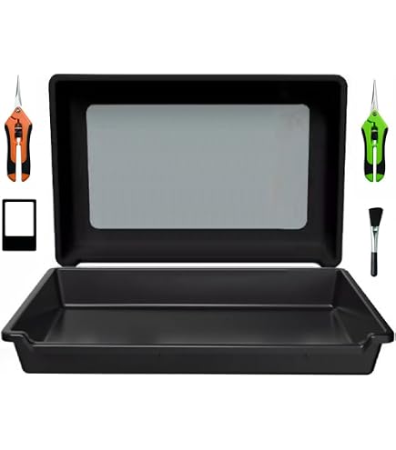 Plateau Tamis Trim-Bin Avec Tamis 150 Microns - Pour Récolter Pollen, Vanille, Herbes - Inclut 2 Ciseaux, Brosse, Loupe - Plastique, 50x30x8.9cm