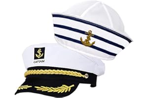 BoloShine Kapelusz kapitański, 2 białe regulowane opakowania na jacht, żeglarz, materac, akcesoria kostiumowe dla kobiet, mężczyzn, na imprezę, cosplay