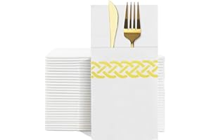 YIDUHAO Pocket Napkins,Disposble Cloth Like Napkins Built-in Flatware Pocket,Wedding Party Linen Feel White Napkin, Prefolded for Silverware,Pack of 50