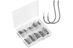 Focenat 100 Pcs Barbed Fishing Hooks, 10 Sizes Fish Hooks 3# - 12#, Eyed Fishing Hooks, Circle Hooks for Fishing in High Carbon Steel with Plastic Box