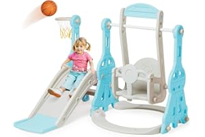 Arkyomi 3 en 1 Toboggan Interieur/Exterieur Enfant avec balancoire et Panier de Basket,Parcours motricité bébé Escalade Cadeau Enfant 1+ an(Bleu 2)