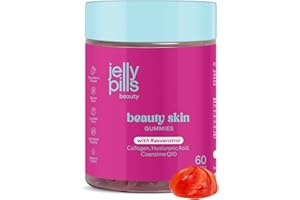 Jelly Pills® Caramelle Gommose Collagene Idrolizzato 500 mg + Acido Ialuronico, Resveratrolo & CoQ10-60 Gummies - Senza Zuccheri Aggiunti - Gusto Fragola - Pelle Soda & Anti-Aging