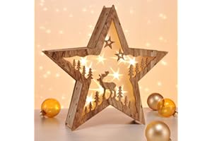 Spetebo Lampe décorative LED design 3D en forme d'étoile en bois véritable avec 10 LED blanc chaud
