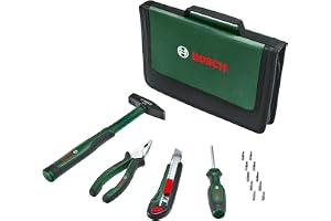Home and Garden Bosch Easy handverktygssats 14 delar (startpaket med verktyg för hushållet och gör-det-själv-uppgifter; kombinationstång, skruvmejsel, brytbladskniv, hammare; 10 bits)