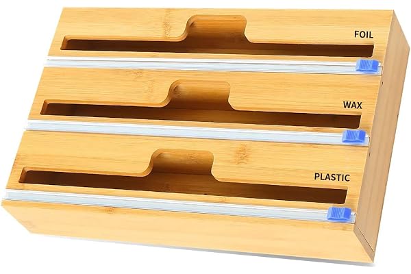 YDFYX Organisatör för folie och plastfolie, 3-i-1 omslagsdispenser med skärare, bamburulle, organisationsförvaringshållare, aluminiumfolie, vaxpapper, pergamentpapper, plåtfoliedispenser för låda (3-i