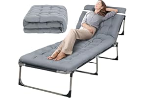 CHENDY Folding Camping Cot W/Mat, Adjustable 4-Position Folding Cot Oversize Cots for Sleeping Camping Bed Folding Cot for Camping W/Pilllow Mattress for Home Office Nap Beach Travel