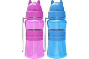 Sigdio Trinkflasche Kinder mit Strohhalm BPA frei 2er Set Kinder Wasserflasche Auslaufsicher Sporttrinkflaschen mit Tragegurt für Schule und Kindergarten (Lila-Blau)