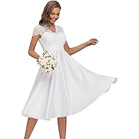 Ever-Pretty A-Line Robe de Mariée Midi Femme en Dentelle Col en V à Mancherons Taille Empire Simple 40400