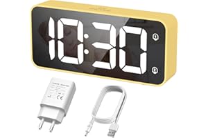 HERMIC Réveil Numérique, Alarm Réveil LED avec Adaptateur, 0-100% Luminosité et Volume Réglable, 2 Alarmes, Fonction Snooze, 12/24H pour Bureau de Chambre (Jaune)