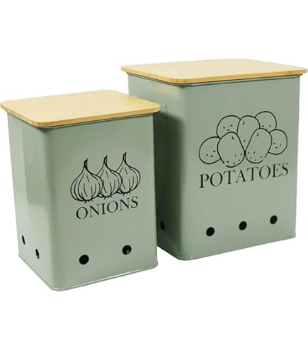 Dekosilave Metal Kitchen Storage Set Of 3 - Potato, Onion & Garlic Bins With Wooden Lids (Sage Green)