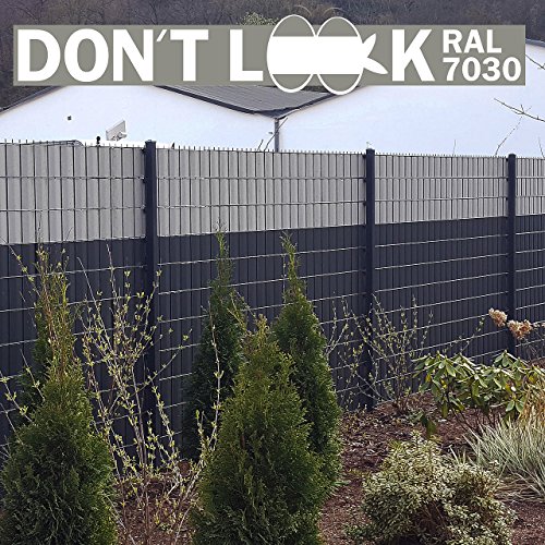 DON'T LOOK® Blickdichter Zaun-Sichtschutz und Lärmschutz für Doppelstabmatten, 35 m x 19 cm, Sichtschutz-Streifen, Zaunfolie, Windschutz, Balkon-Sichtschutz, Terrassen-Blickschutz, Sichtschutzband, Sichtschutzblende, aus witterungsbeständigem PVC (extrastark mit Gewebe durchsetzt), 100% UV-beständig, wetterfest, universal passend für alle Doppelstabmatten oder Stahlgitter mit Querdrahtabständen von 20 cm, verschiedene Farben, inkl. Befestigungs-Clips (Grau)
