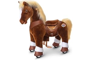 PonyCycle Ride on Pony with Realistic Horse Sounds for 3-4 years old, Plush Mechanical Horse Ride on Toy with Brake, Advanced Model Y Brown Horse with Wheels for Kids - Y374