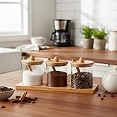 Deconox 3-Piece Glass Spice Bowl with Bamboo Stand, Borasilicate, Spice Set - Stylish and Functional Bamboo Stand - Layout in the Kitchen and