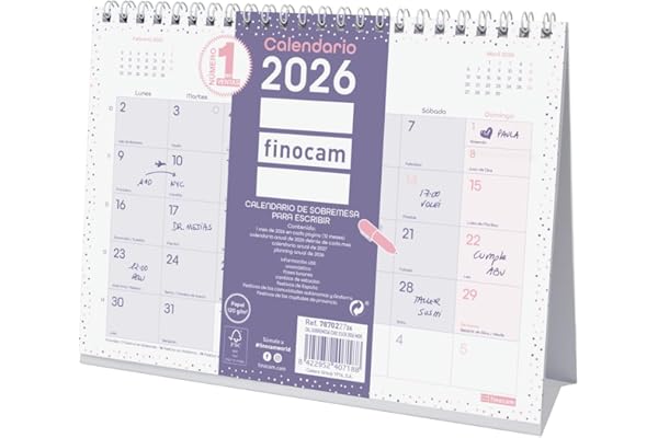 Finocam - Calendario de sobremesa para escribir 2026 Mes Vista Enero - Diciembre (12 meses) | Calendario 2026 para anotar | Planificador mensual Chic - Morado - Español