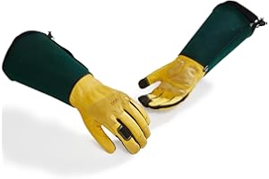 Vgo... Guantes de Jardinería(6.7" Gauntlet Anti-Espinas) Cuero de Vaca, Pantallas Táctiles, Resistencia a la Abrasión para Paisajismo, Poda de Rosales, Bricolaje Exterior(CA7472-UN,Amarillo,L,1 par)