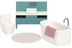 LUNDBY Meble do domu dla lalek, zestaw łazienkowy - wolnostojąca wanna + umywalka + toaleta + mata + ręcznik - akcesoria do domku dla lalek - 5 sztuk - dla mini lalek 11 cm - wiek 3+ 1:18