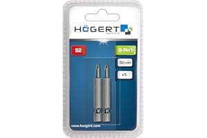 HÖGERT TECHNIK Bity do wkrętarki PH2 50 mm ze stali S2, 2 sztuki, bardzo wytrzymałe, HRC 58–60, trzpień sześciokątny 1/4", DIN 3126, do wkrętarek akumulatorowych i sieciowych, precyzyjne i trwałe