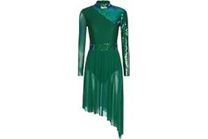 Miutii Women Sparkly Sequins Lyrical Modern Dance Dress Irregular High-Low Skirted Dance Performance Costume