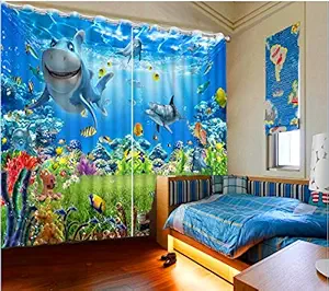 SVV 3D Under Water Fishes Digital Printed Polyester Fabric Curtains for Bed Room Kids Room Living Room Color Blue Window/Door/Long Door (D.N.550) (1, 4 x 7 Feet (Size ; 48 x 84 Inch) Door)