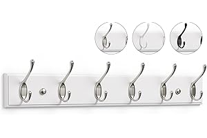 LARHN White Coat Hooks Wall Mounted Coat Rack - 6 Matt-Nickel Wall Hooks - 59 cm - All Fixings Included for Quick & Easy Installation