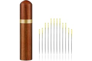 LVGPH Needle Storage Case Holder with 12 Pcs Self-Threading Side Opening Sewing Needles Gold Tail,Wooden Needle Holder Storage Case Embroidery Pins Storage Tube for Storing All Kinds of Fine Needles