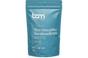 BAM Mini Marshmallow, 250g - Malvaviscos dulces para chocolate caliente, postre y decoración, blancos y azules