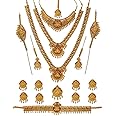 Nagneshi Art 18K Gold Plated Temple Jewellery Bridal Set | Wedding Collection Necklace Earring, for Women | 3 Neckless, 1 Pair Earring, 1 Maang Tikka, 1 Kamarband,2 Pcs Bajju Band and choti 9pcs