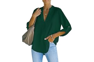 NONSAR Chemisier élégant à col en V pour femme Henley Chemisier ample à manches enroulables