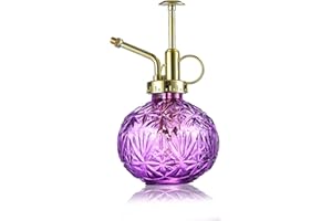 KoGiio Pflanzen Glas Sprühflasche, 240ml Retro Relief Pflanzensprüher mit Pumpe, Blumen Zerstäuber Drucksprüher für Balkon Kleiner Gartenpflanzen Indoor Haus Oder Büro Lila + Goldener Sprühkopf
