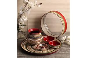 Itiha Pearl & Stones studded Karwachauth/Karvachauth Indian Traditional decorative pooja thali beautiful ethnic gift/Kankavati/indian handicraft/karwachauth channi/Pooja Thali Set(12 inch)