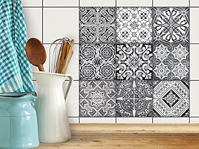 creatisto Art de tuiles mural - Adhésif carrelage | Sticker Autocollant Carrelage - Mosaïque carrelage mural salle de bain et cuisine | Carrelage adhésif - Design Black n White - 15x15 cm - 9 pièces