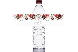URROMA Wedding Water Bottle Labels, 50Pcs Red Flowers Wedding Wraps Sticker Wedding Date Labels for Bridal Shower Party Wedding Drinking Water Bottle Label