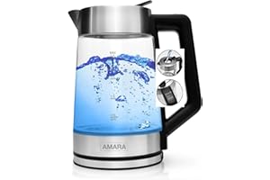 AMARA Wasserkocher Glas mit Temperatureinstellung 2200 Watt 2L besonders leise Temperaturwahl 50-100°C Mit EASY-FILL Befüll-System LED Farbwechsel zeigt Temperatur an