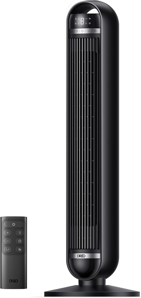 DREO 36 İnç Kule Tipi Fan, Ev ve Yatak Odası Kullanımı, 8,5 m/s Güçlü Hava Akışı, 8 Hız Kademesi, 4 Çalışma Modu, 25 dB Sessiz Kanatsız Tasarım, 90° Salınım, 8 Saat Zamanlayıcı, LED Ekran