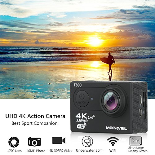 Meerveil T800 Cámara Deportiva 4K WiFi Ultra HD Cámara de Acción 16MP Amplio Ángulo de Visión 170,Control Remoto, 2 *1050mAh Baterías+Maletín Profesional,Kits Completos de Accesorios