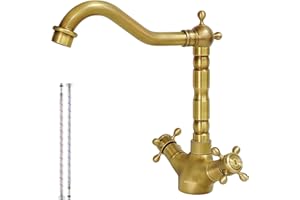 KOPYFANTAP Retrò Rubinetto Lavello Cucina Bronzo, Rubinetto Lavabo Alto in Ottone Anticato, 360° Girevole Vintage Miscelatore con Doppia Maniglia per Bagno Cucina