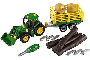 Theo Klein 3906 John Deere Traktor mit Holz- und Heuwagen I Schraubset inkl. Schraubendreher I Maße: 47 cm x 10,50 cm x 12 cm I Spielzeug für Kinder ab 3 Jahren