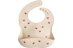 Mushie Baby Silicone Bib | Adjustable Fit Waterproof Bibs | Easy Wipe Baby Feeding Bibs | 4 Adjustable Sizes with Deep Front Pockets | 100% BPA and Phthalate Free