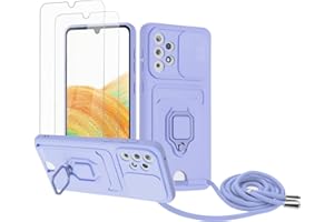 Zallagre Handykette Hülle kompatibel mit Samsung Galaxy A52 4G/5G/A52S 5G.[2 Stück] Schutzfolie Glas,Kameraschutz,360 Grad Ringhalter Stand,Kartenfach,Silikon hülle-Lila