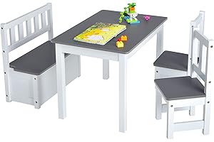 DREAMADE Kindertisch mit 2 Stühlen, Kindersitzgruppe mit 22L Strauraum, Kindertisch aus Holz, Kindertruhenbank Kindermöbelset Holzsitzgruppe für Kinderzimmer, Spielzimmer, Wohnzimmer (Grau)