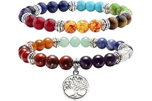 Jovivi Lot de 2PCS 7 Chakra Pierres Naturelles Perles d'Energie Bracelet Extensible Elastique Tibetain Bouddhiste avec Pendentif Arbre de la Vie