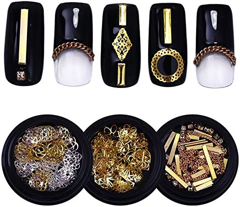 BONNIESTORE 3 Boxes Gold Silver Multi Nail Art Rivets Studs Metal Chain Flower Heart DIY Nail 3D Decoration