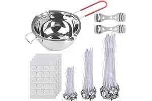 GUO-YING Kerzenherstellung Zubehör Set mit 150 Kerzendocht, 160 Dochtaufkleber, 2 Festen Halter,1 EIN Wachsschmelztiegel, Dochte Aufkleber für Kerzenherstellung DIY (C-P)