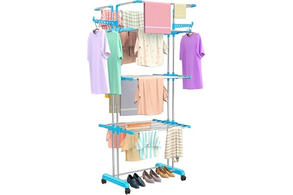 H Houseware Foldable Cloth Drying Stand Stainless Steel 4 Tier Heavy-Duty Clothes Dryer for Balcony, Indoor & Outdoor Use with Wheels & Hanger Slots Rust-Proof Laundry Rack(Jumbo)
