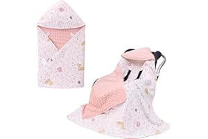 LAT LEE AND TOWN LAT Baby Car Seat Blankets, Universal baby Swaddling Blanket,Boy Girl Hooded Cosy Toes,Double Layer Cotton Warm Blanket Wrap for Car Seat, Pushchair, Pram, Buggy, 90 x 90 cm (Pink+Colorful Rabbit)